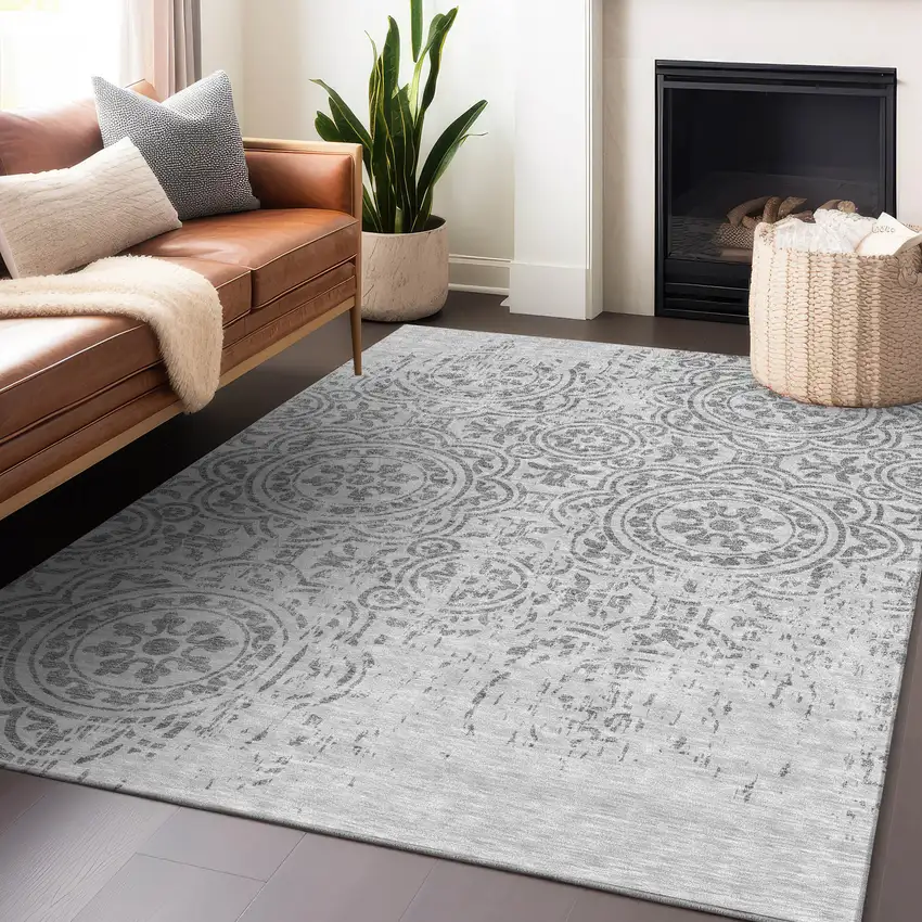 Silver And Gray Medallion Washable Area Rug With UV Protection Photo 6