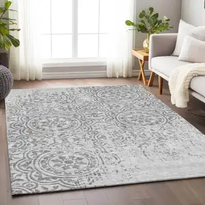 Photo of Silver And Gray Medallion Washable Area Rug With UV Protection