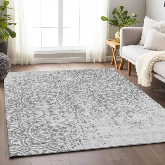 Silver And Gray Medallion Washable Area Rug With UV Protection Photo 5
