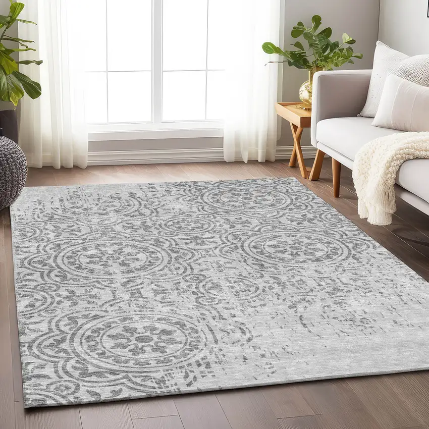Silver And Gray Medallion Washable Area Rug With UV Protection Photo 5