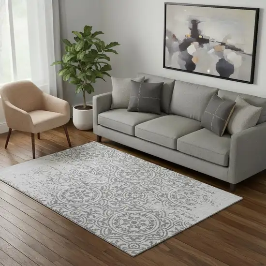 Silver And Gray Medallion Washable Area Rug With UV Protection Photo 1
