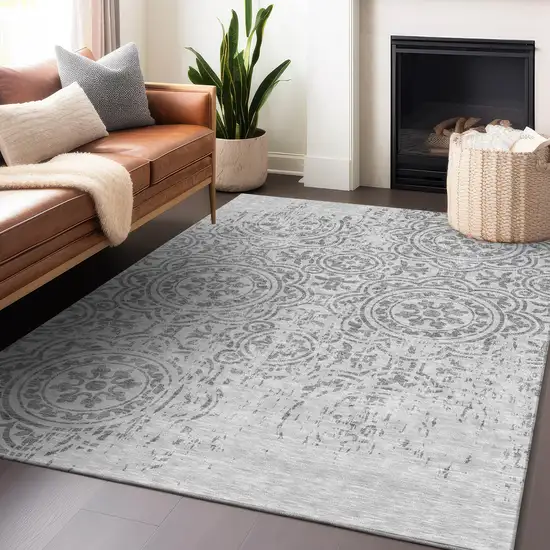 Silver And Gray Medallion Washable Area Rug With UV Protection Photo 6