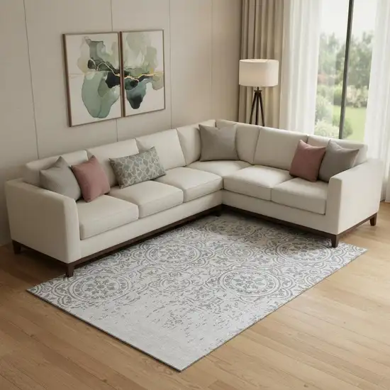 Silver And Gray Medallion Washable Area Rug With UV Protection Photo 1