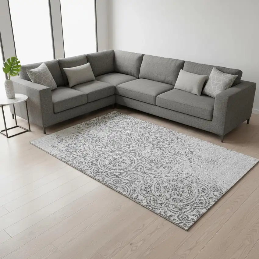 Silver And Gray Medallion Washable Area Rug With UV Protection Photo 2