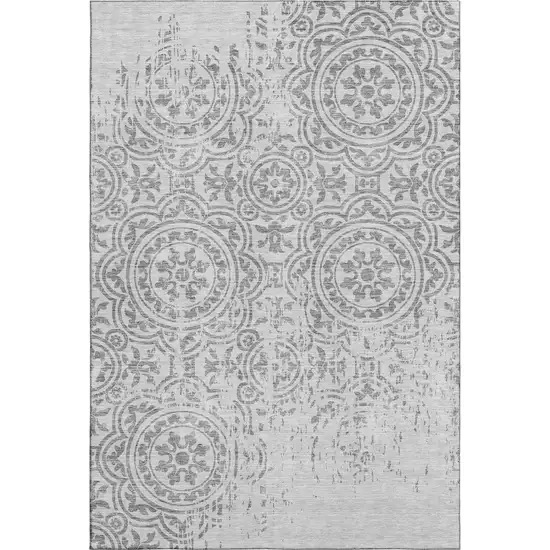 Silver And Gray Medallion Washable Area Rug With UV Protection Photo 1