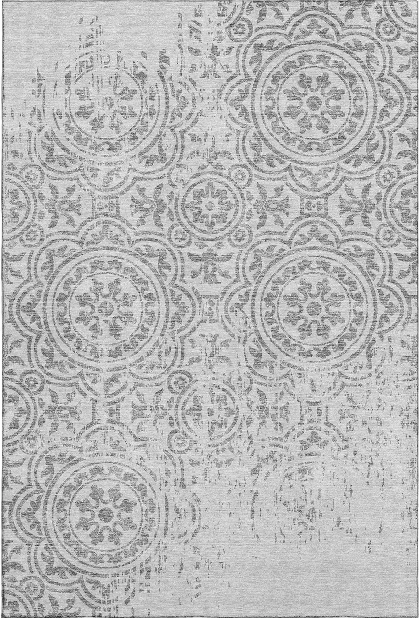 Silver And Gray Medallion Washable Area Rug With UV Protection Photo 1