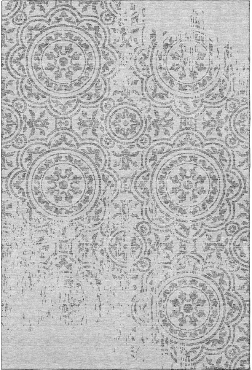 Silver And Gray Medallion Washable Area Rug With UV Protection Photo 3
