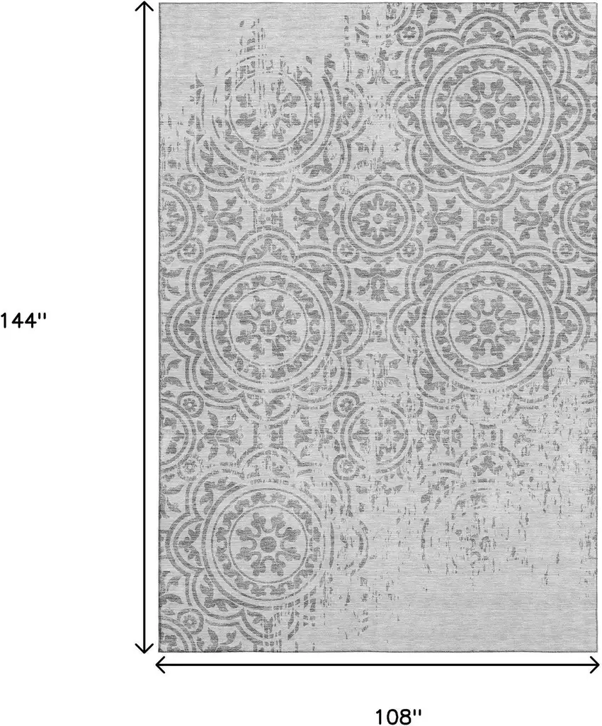 Silver And Gray Medallion Washable Area Rug With UV Protection Photo 3
