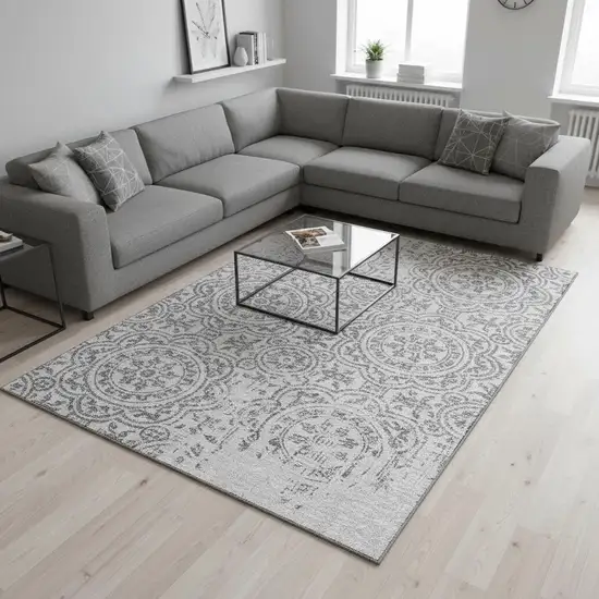 Silver And Gray Medallion Washable Area Rug With UV Protection Photo 2