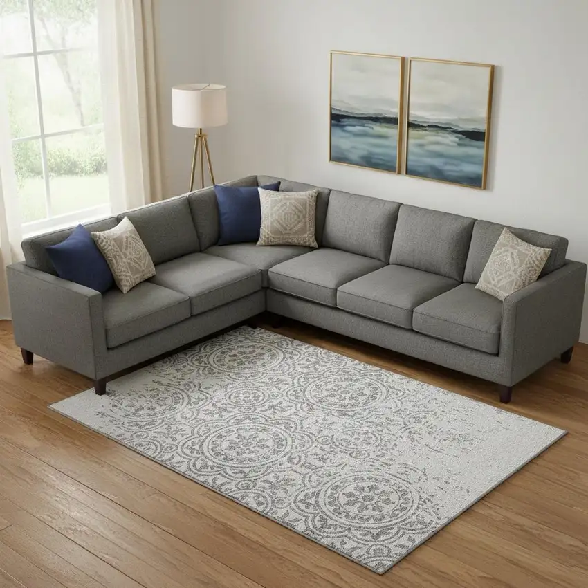 Silver And Gray Medallion Washable Area Rug With UV Protection Photo 1