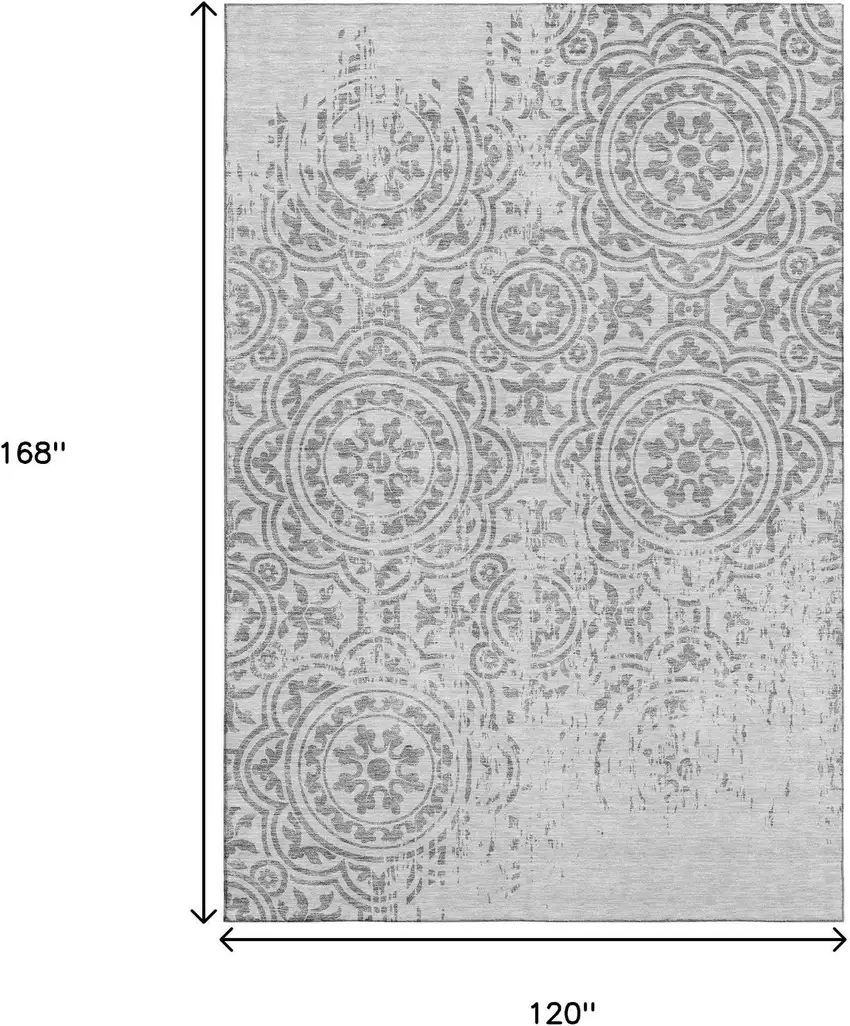 Silver And Gray Medallion Washable Area Rug With UV Protection Photo 3