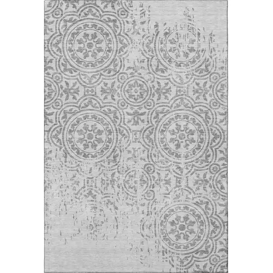 Silver And Gray Medallion Washable Area Rug With UV Protection Photo 3