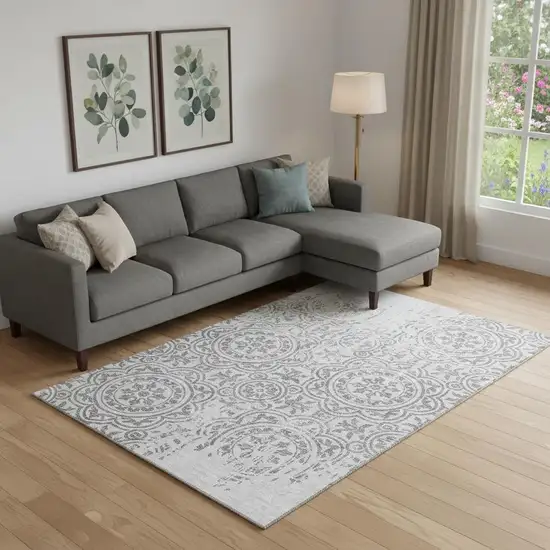 Silver And Gray Medallion Washable Area Rug With UV Protection Photo 1