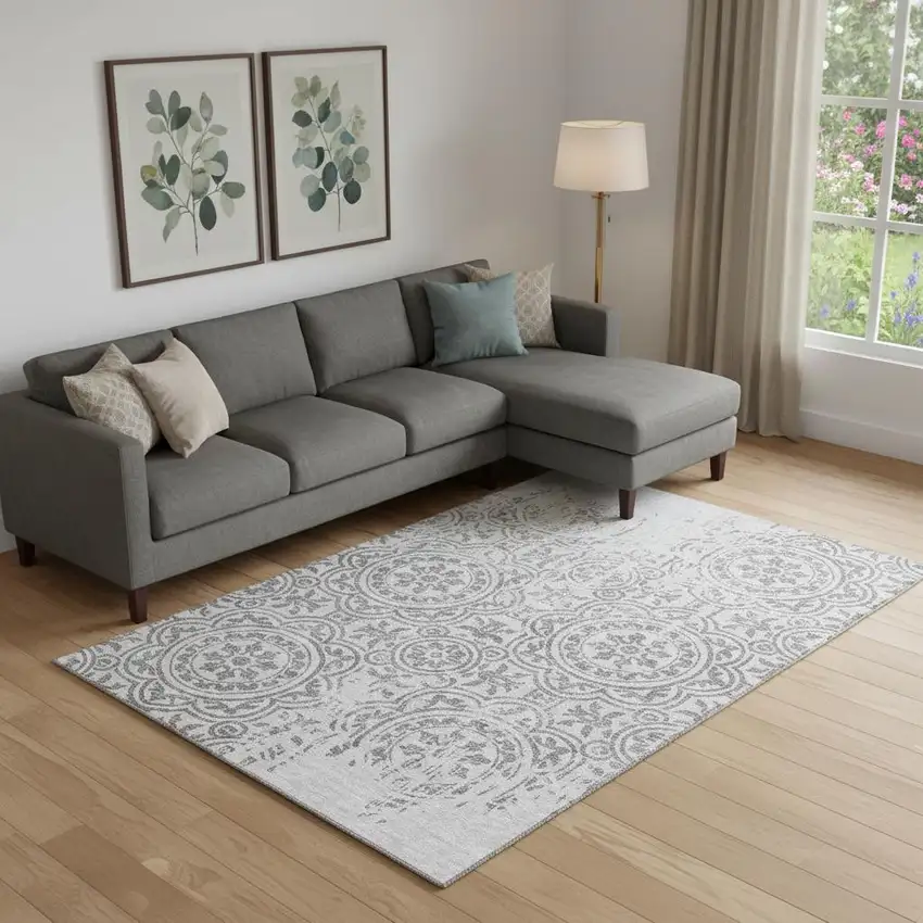 Silver And Gray Medallion Washable Area Rug With UV Protection Photo 1