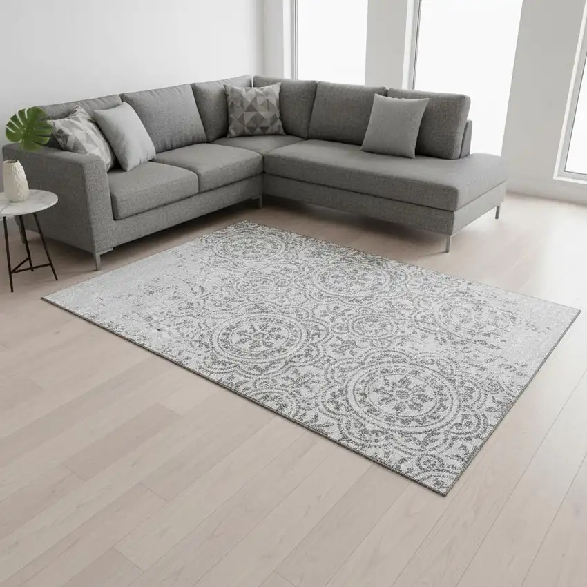 Silver And Gray Medallion Washable Area Rug With UV Protection Photo 2