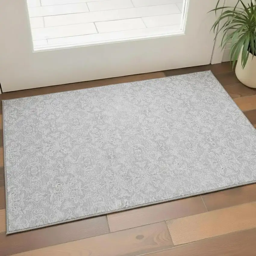 Silver And Gray Medallion Washable Area Rug With UV Protection Photo 1