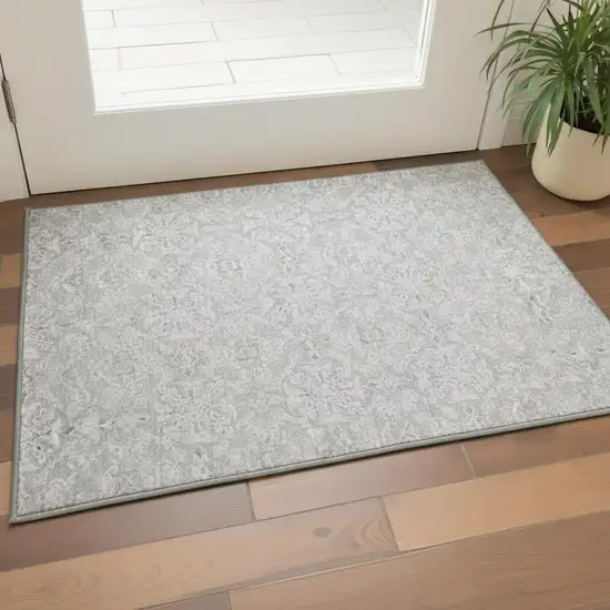 Silver And Gray Medallion Washable Area Rug With UV Protection Photo 2