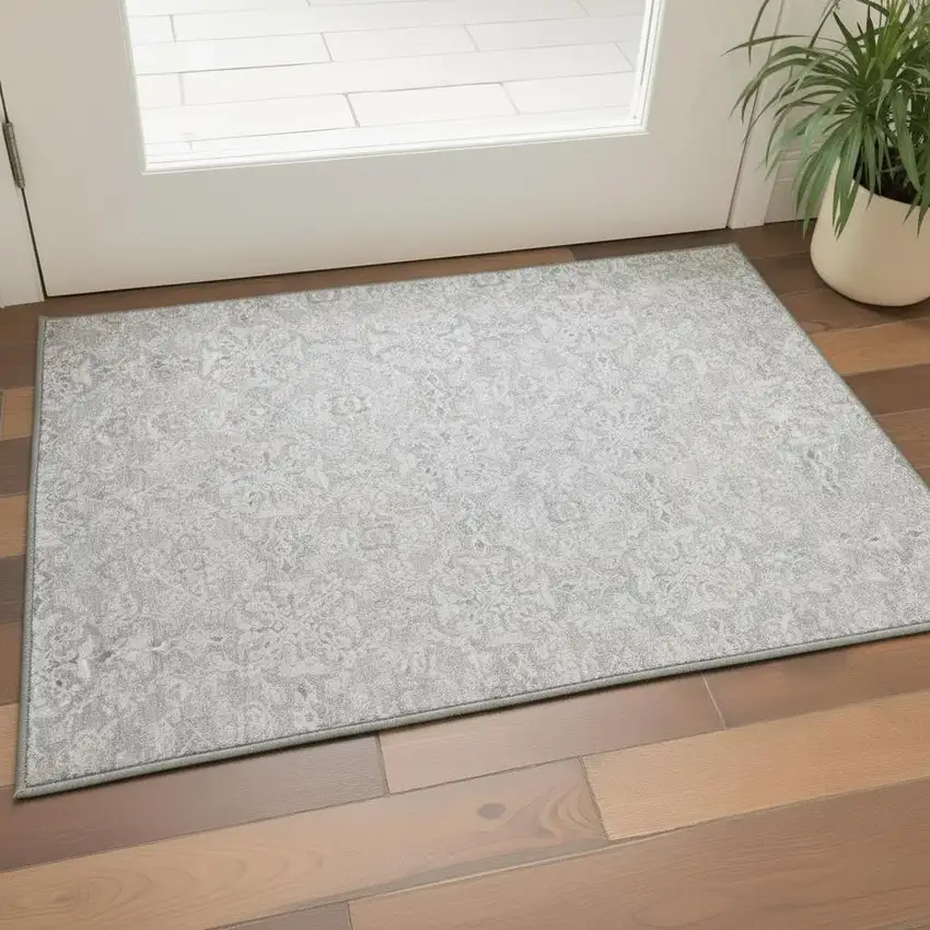 Silver And Gray Medallion Washable Area Rug With UV Protection Photo 2