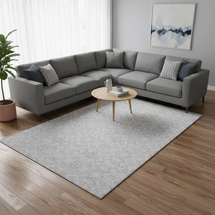 Silver And Gray Medallion Washable Area Rug With UV Protection Photo 2