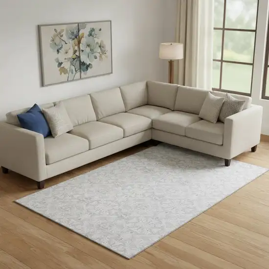 Silver And Gray Medallion Washable Area Rug With UV Protection Photo 1