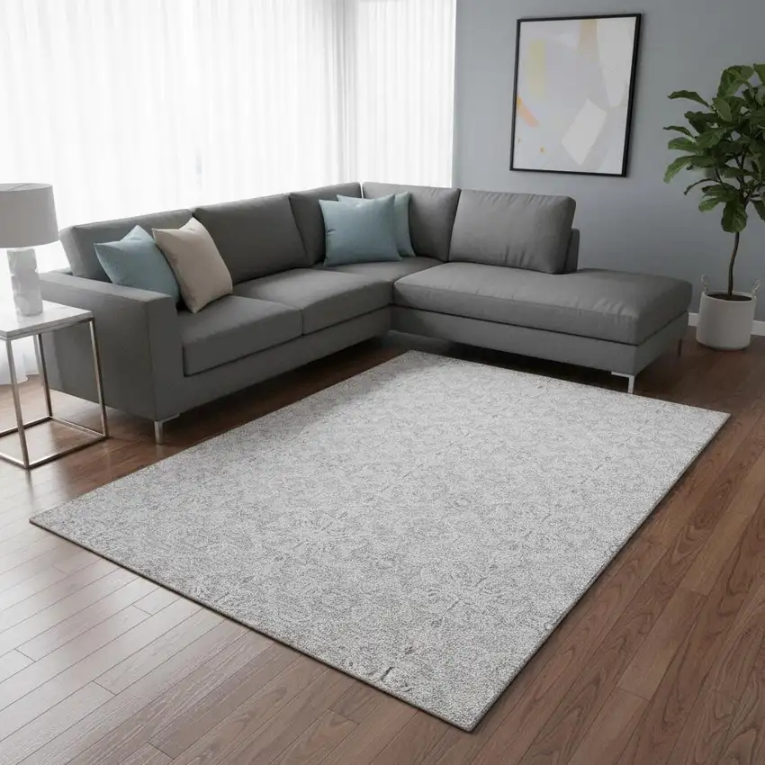 Silver And Gray Medallion Washable Area Rug With UV Protection Photo 2