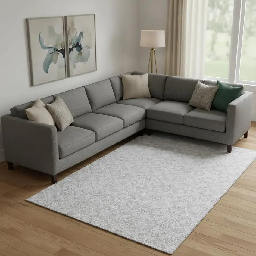 Silver And Gray Medallion Washable Area Rug With UV Protection Photo 1