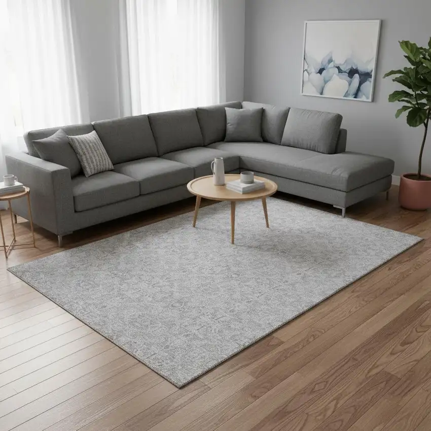 Silver And Gray Medallion Washable Area Rug With UV Protection Photo 2