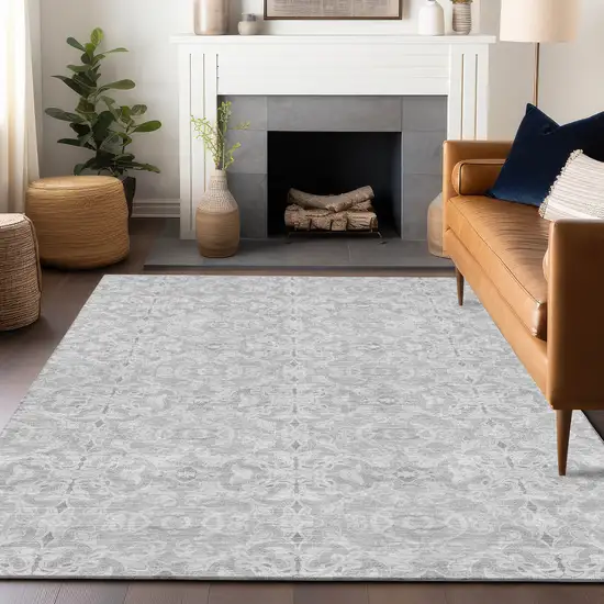 Silver And Gray Medallion Washable Area Rug With UV Protection Photo 6