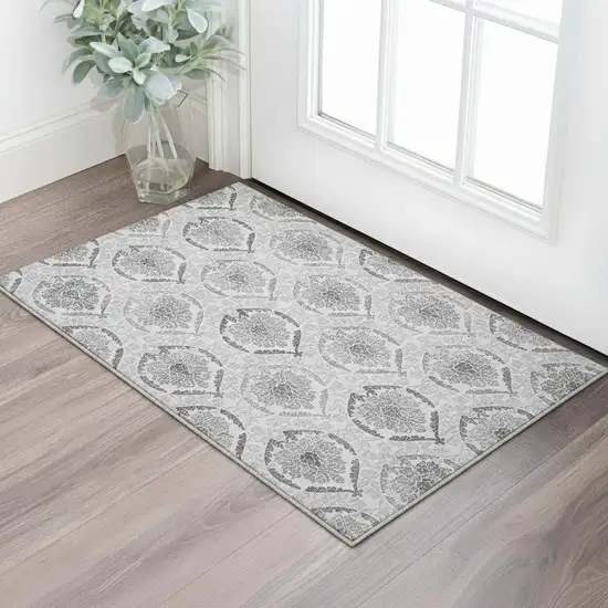 Silver And Gray Medallion Washable Area Rug With UV Protection Photo 2