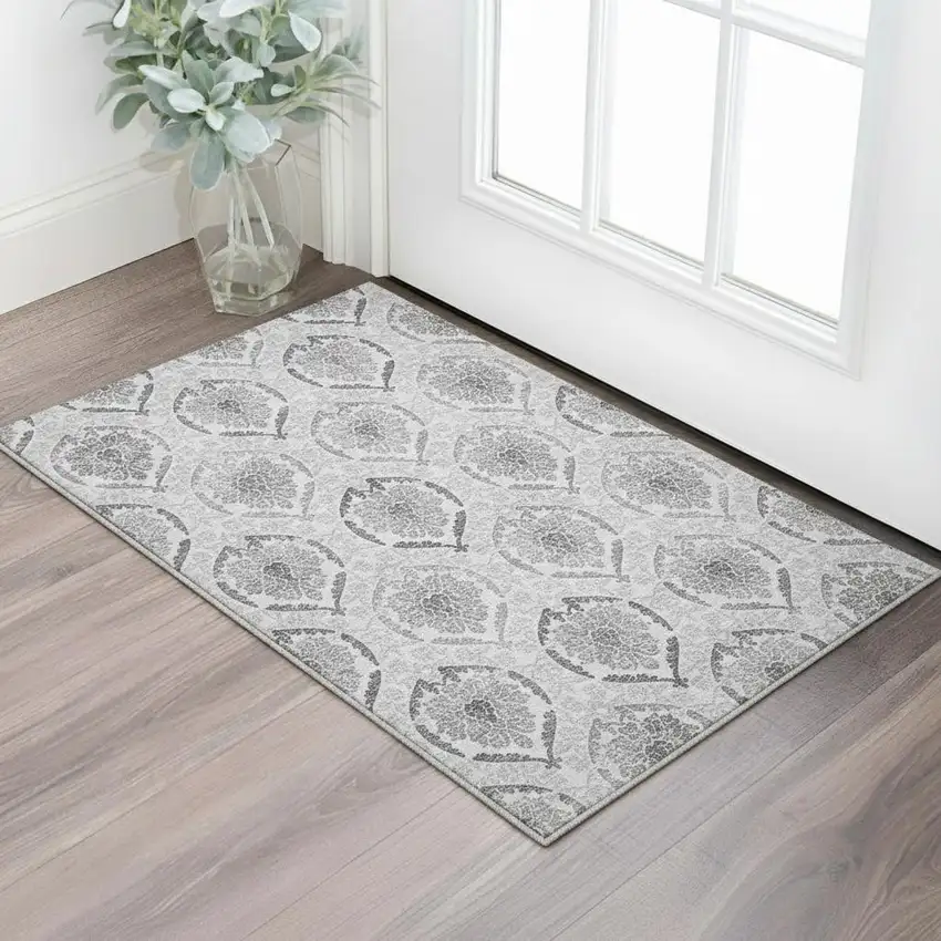 Silver And Gray Medallion Washable Area Rug With UV Protection Photo 2
