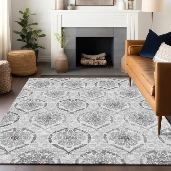 Silver And Gray Medallion Washable Area Rug With UV Protection Photo 6