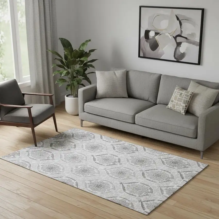 Silver And Gray Medallion Washable Area Rug With UV Protection Photo 1