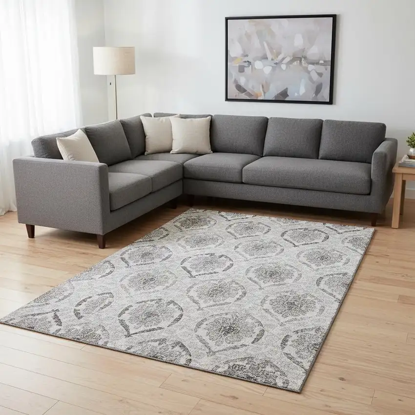 Silver And Gray Medallion Washable Area Rug With UV Protection Photo 2