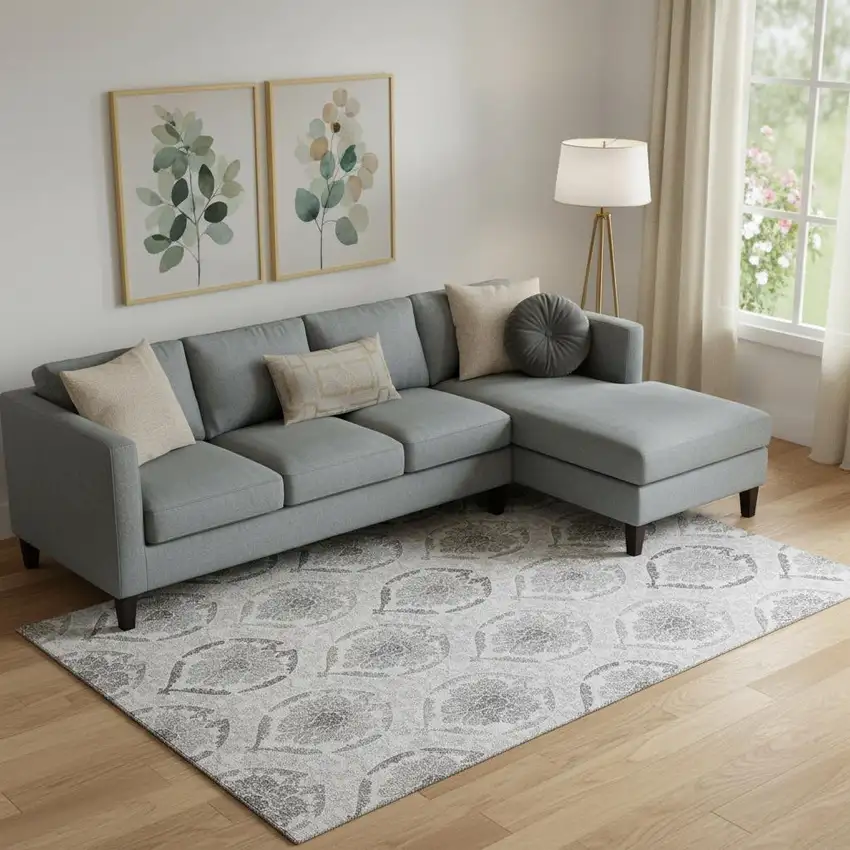 Silver And Gray Medallion Washable Area Rug With UV Protection Photo 1