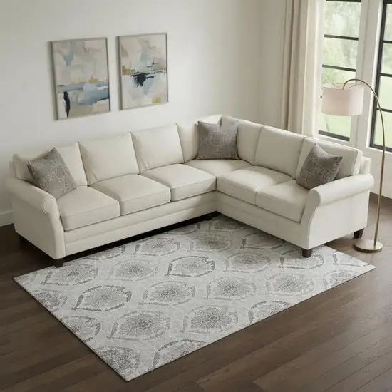 Silver And Gray Medallion Washable Area Rug With UV Protection Photo 1