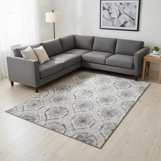 Silver And Gray Medallion Washable Area Rug With UV Protection Photo 2