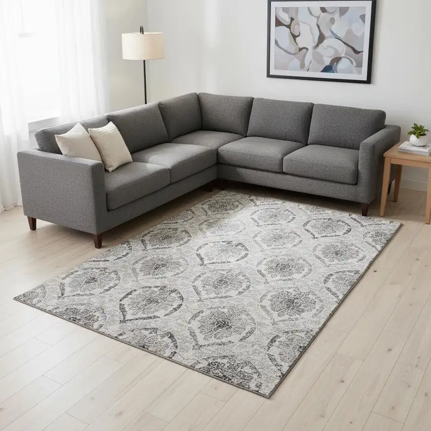 Silver And Gray Medallion Washable Area Rug With UV Protection Photo 2