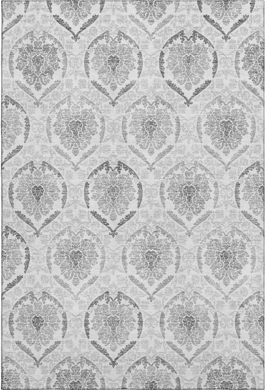Silver And Gray Medallion Washable Area Rug With UV Protection Photo 1
