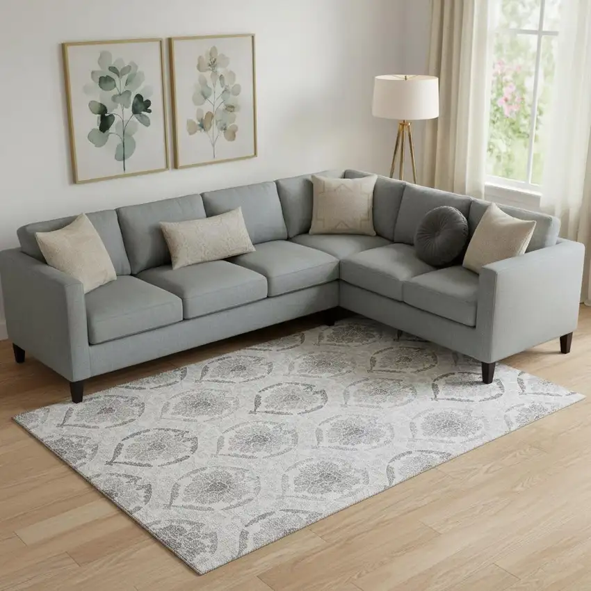 Silver And Gray Medallion Washable Area Rug With UV Protection Photo 1