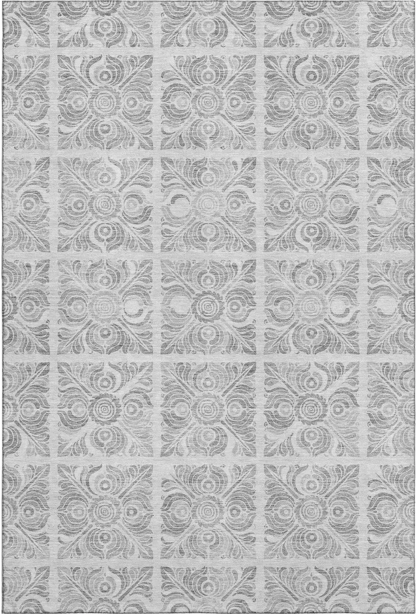 Silver And Gray Medallion Washable Area Rug With UV Protection Photo 1