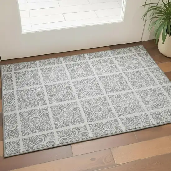 Silver And Gray Medallion Washable Area Rug With UV Protection Photo 2