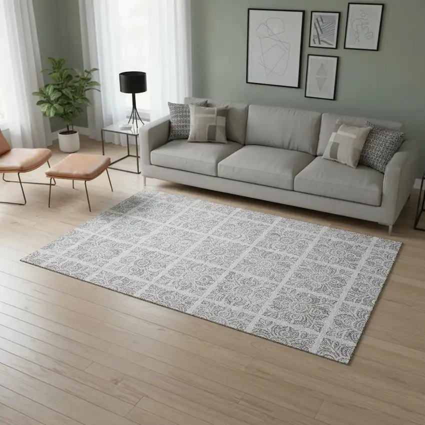 Silver And Gray Medallion Washable Area Rug With UV Protection Photo 2