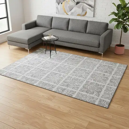 Silver And Gray Medallion Washable Area Rug With UV Protection Photo 2