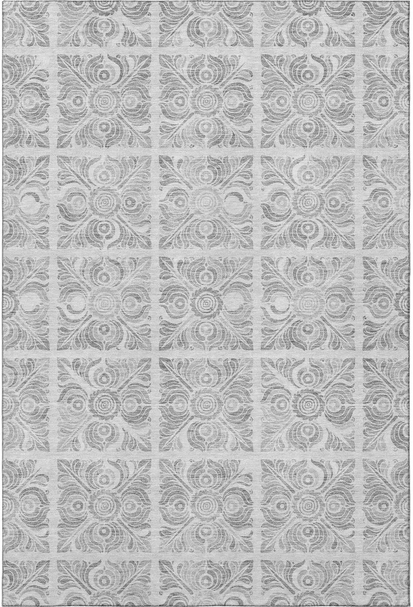 Silver And Gray Medallion Washable Area Rug With UV Protection Photo 4