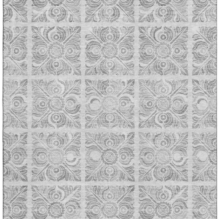 Silver And Gray Medallion Washable Area Rug With UV Protection Photo 4