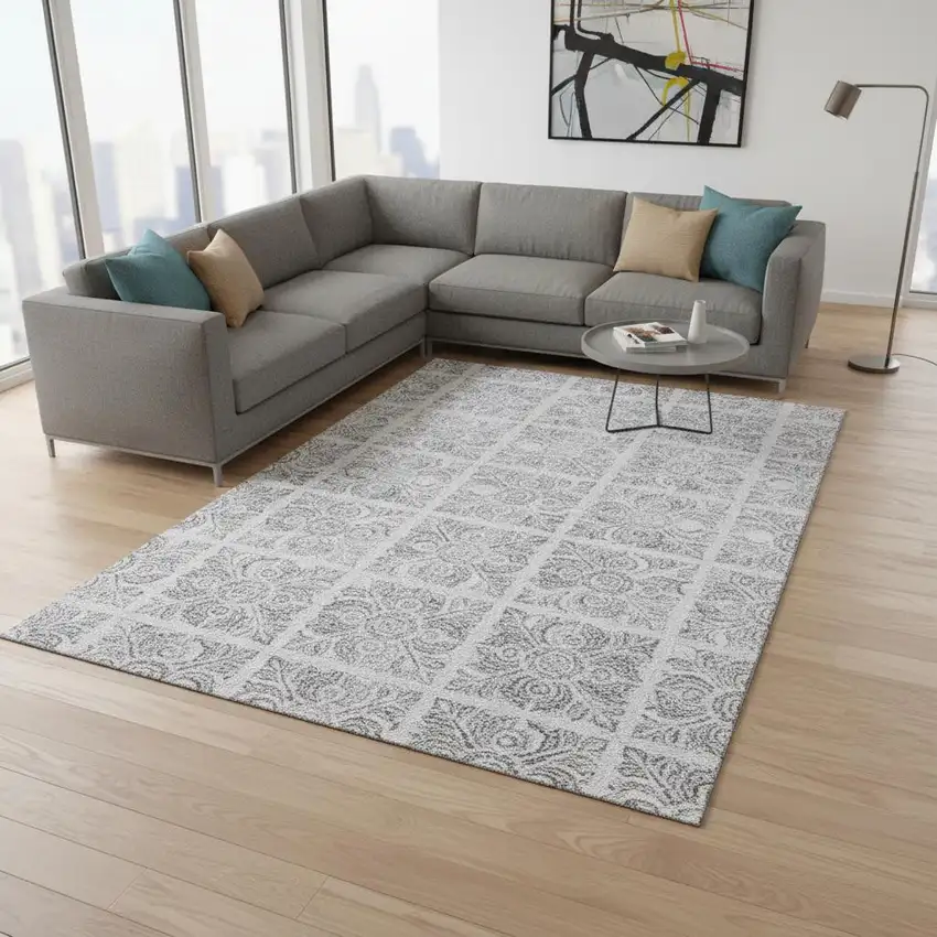 Silver And Gray Medallion Washable Area Rug With UV Protection Photo 2