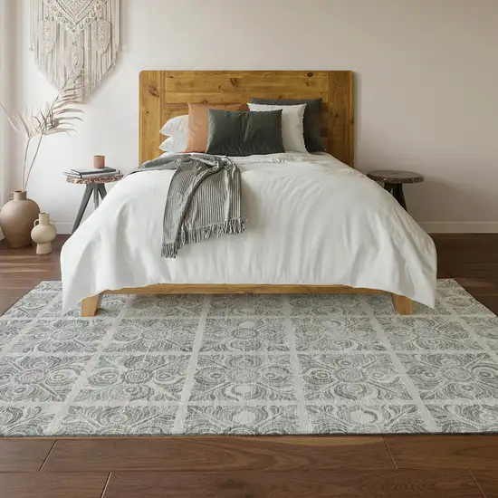 Silver And Gray Medallion Washable Area Rug With UV Protection Photo 6