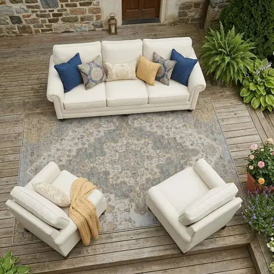 Silver And Gray Medallion Washable Indoor Outdoor Area Rug Photo 1