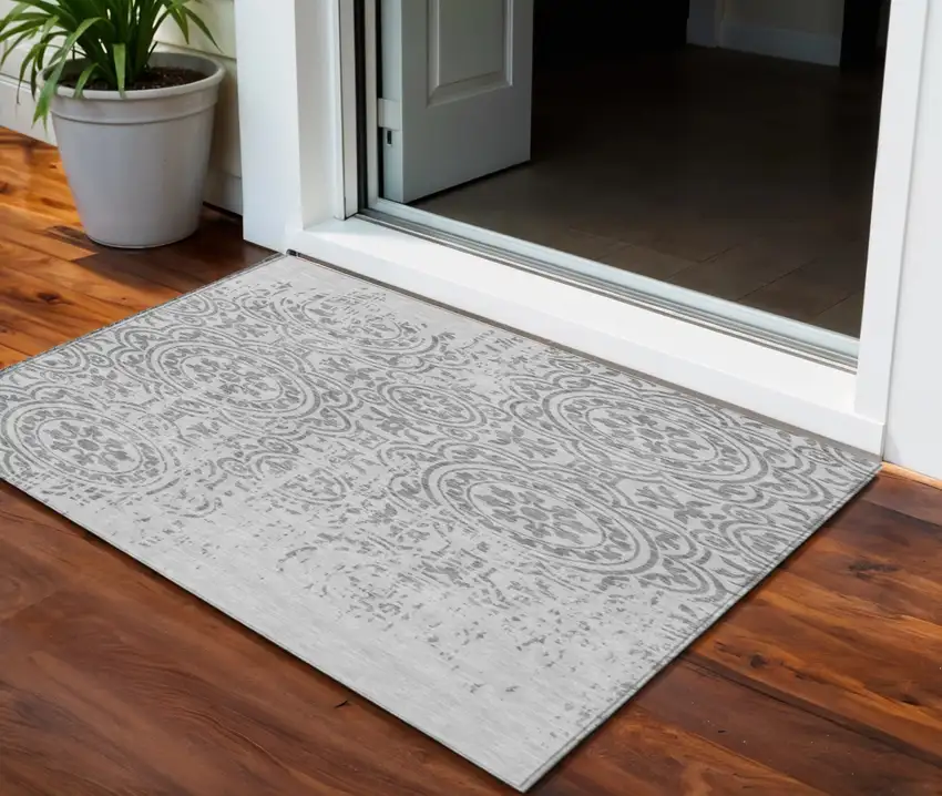 Silver And Gray Medallion Washable Indoor Outdoor Area Rug Photo 1