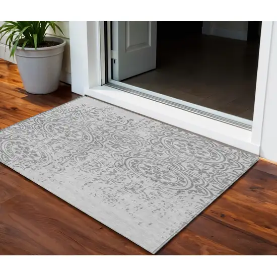 Silver And Gray Medallion Washable Indoor Outdoor Area Rug Photo 1